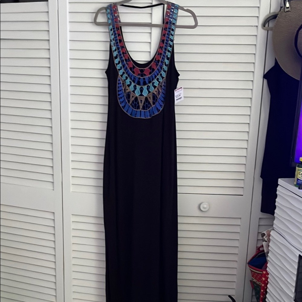 Elegant Black Maxi Dress with Colorful Embellishments
